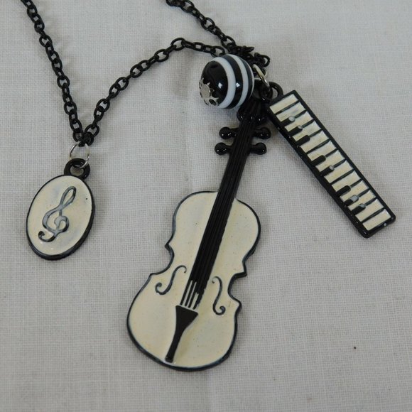 Music Themed Black & White Necklace Violin Cello Viola Keyboard Treble Clef 15" - Picture 3 of 7